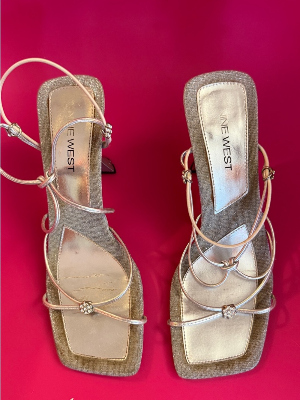 Nine West Metallic Gold Rhinestone Strappy Heels
